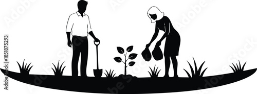 Minimalist silhouette vector of man and woman planting young tree together watering digging in community garden side view low angle soft morning light peaceful scene outdoor