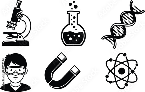 Line art icon set six scientific symbols close up grid view microscope flask dna magnet atom scientist avatar black silhouettes flat vector illustration minimal clean modern