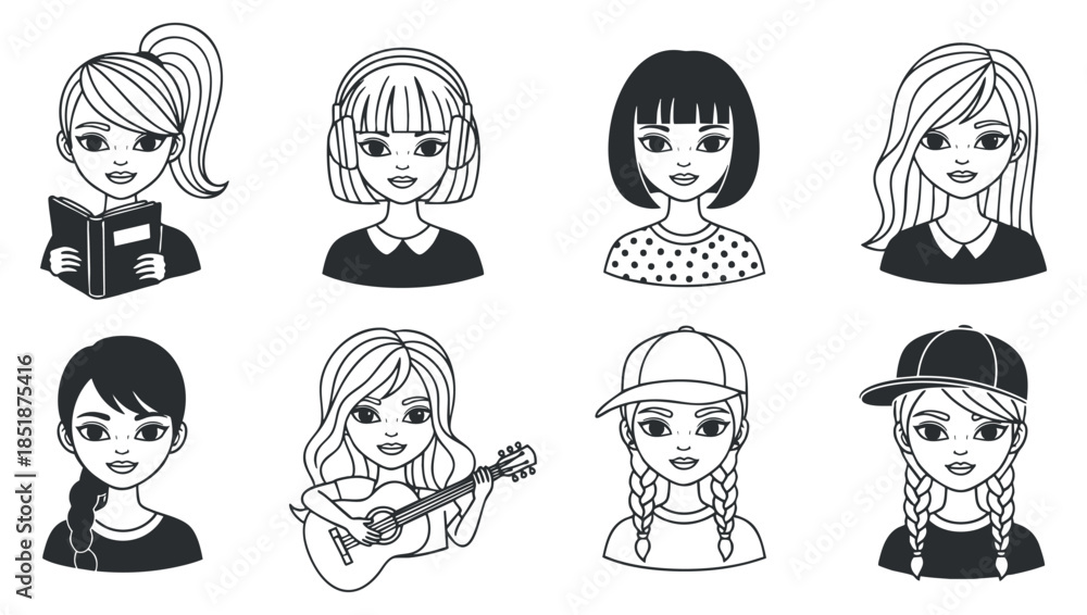 Fototapeta premium A collection of eight diverse girl icons in black and white minimalist vector style, suitable for youth-related projects and branding