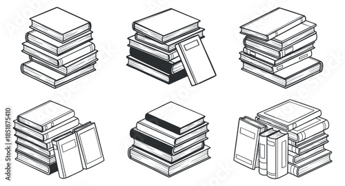 A collection of six stacks of books in minimalist black and white outline vector style, ideal for educational and literary designs