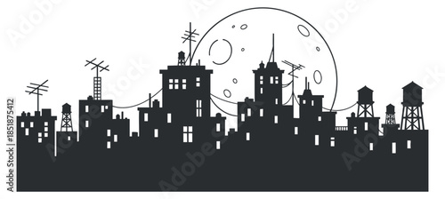 A city skyline silhouette with buildings, antennas, and a large moon in flat black and white vector style, ideal for urban-themed designs