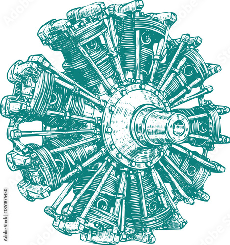 Retro Radial Airplane Engine Illustration with Multiple Cylinders and Propeller Hub radial engine