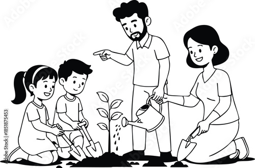Line art close up family of four planting young tree together in backyard using watering can and small shovel parents smiling gentle community garden peaceful mood