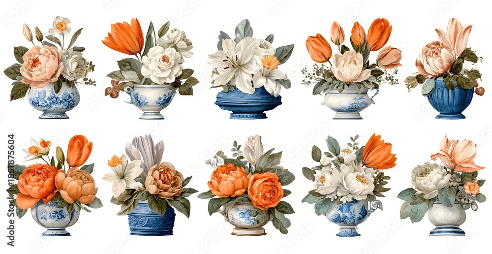 Naklejka premium Floral arrangements in blue and white vases