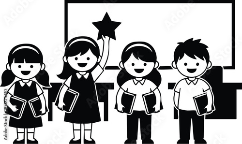 Line art front facing school children smiling holding books and a star wand in front of classroom blackboard full body simple silhouette educational icon monochrome vector