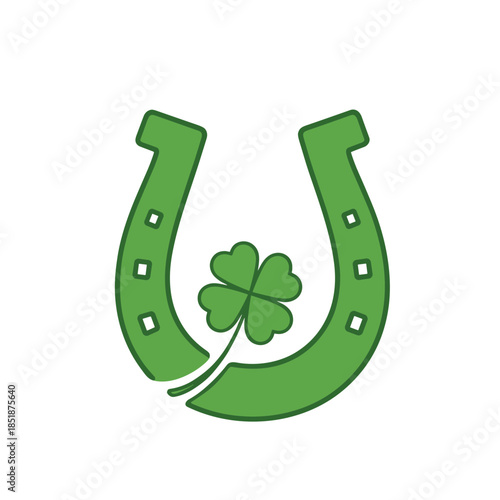 A green horseshoe and four-leaf clover, symbolizing luck and festive St. Patrick's Day wishes. Green horseshoe paired with a four-leaf clover, a cheerful symbol of good luck for St. Patrick's Day.