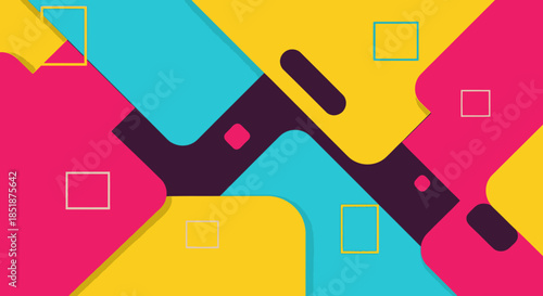 Abstract geometric background with colorful overlapping shapes and subtle square outlines.