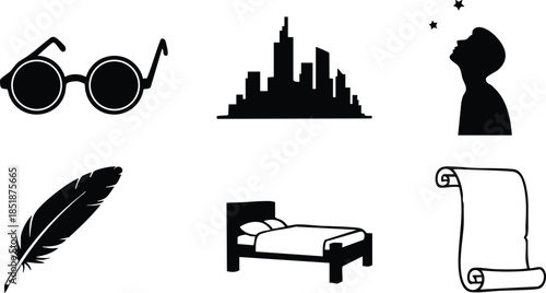 Flat design black silhouette icon set showing round glasses skyline person looking up stars quill feather single bed and parchment scroll on white background minimalist composition