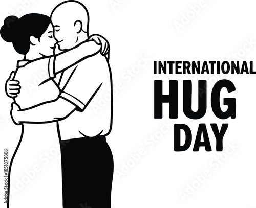 Line art close up view of couple embracing in heartfelt hug with man and woman facing each other international hug day wording minimalist black white