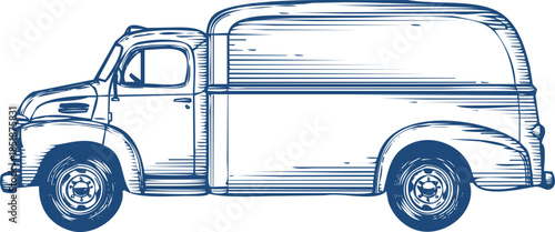 Vintage Blue Pickup Truck Illustration with Enclosed Cargo Area Keywords: truck, pickup, vehicle, transport, vintage, retro, old