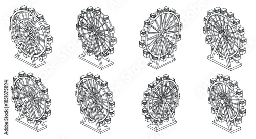 A collection of eight outlined ferris wheels in black and white vector style, ideal for amusement park branding and design projects