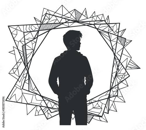 A silhouette of a young man standing confidently within a geometric abstract frame in modern vector style, ideal for creative projects and branding