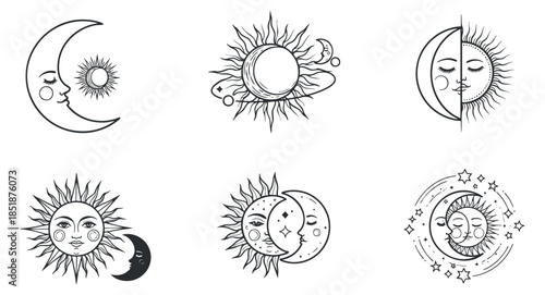 A collection of sun and moon illustrations in black and white outline style, ideal for astrology and cosmic themed designs