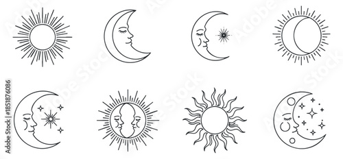 A collection of moon and sun illustrations in outline black and white vector style, perfect for celestial-themed designs