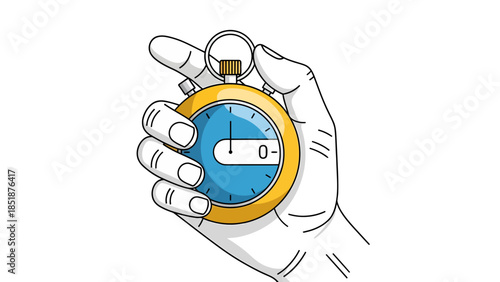 Hand Holding a Stopwatch with Yellow Ring and Blue Dial.
