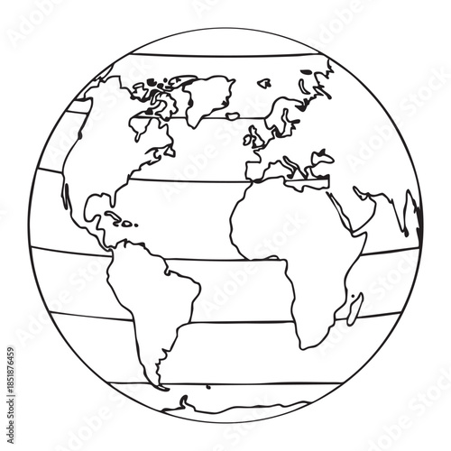 Simple black and white world map globe line drawing