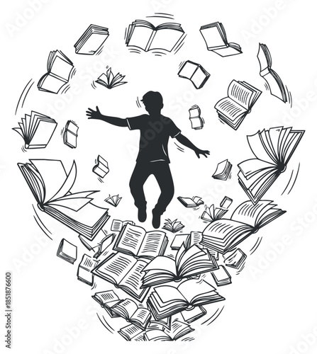 A silhouette of a boy surrounded by flying books in a black and white vector style, ideal for educational themes and creative projects