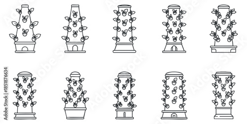 A collection of vertical garden illustrations featuring various plants in outline vector style, ideal for gardening and eco-friendly projects