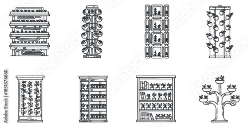 A collection of hydroponic and vertical garden illustrations in clean outline style, perfect for gardening enthusiasts and eco-friendly design