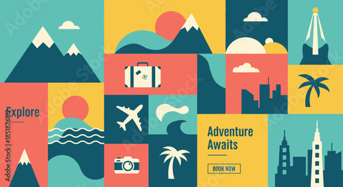 Travel and Adventure Awaits Banner with Flat Design Elements.