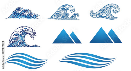 Vintage Engraving Ocean Waves and Abstract Mountain Vector Graphics. Blue Water Elements for Branding and Web Design.
