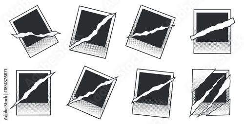 A set of torn polaroid photo frames in black and white vector style, perfect for creative design projects and presentations