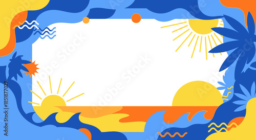 Vibrant Summer Beach Landscape with Tropical Elements and Sun.