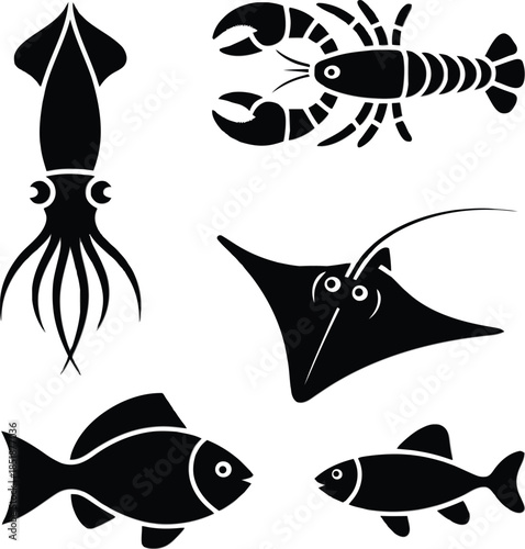 Cute cartoon fish icon set in vector style showing marine and aquatic animals