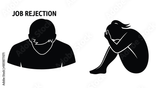 Graphic illustration showing depressed individuals reacting to the stress and disappointment of job rejection