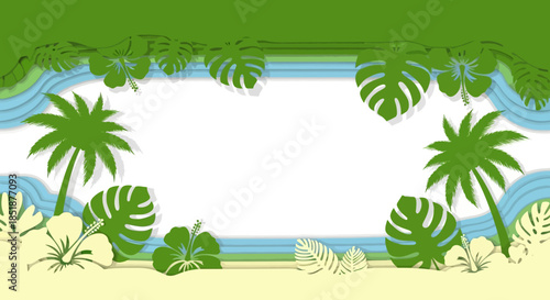 Tropical Beach Frame with Palm Trees and Monstera Leaves.