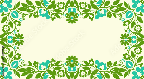 Vintage Floral Frame Design with Green and Blue Flowers.