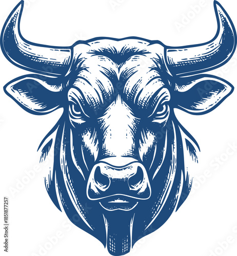 Blue Bull Head with Large Horns Woodcut Style Illustration cattle animal