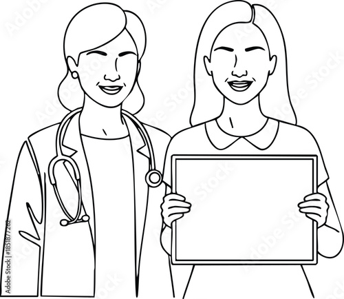 Line art minimal two women medical professionals standing side one wearing stethoscope and lab coat one holding blank tablet looking at camera view friendly smile outline