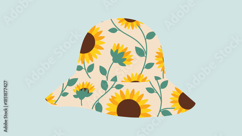 A stylish bucket hat adorned with a cheerful sunflower pattern.