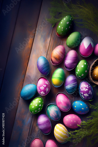 Painted multi coloured easter eggs in wooden background.