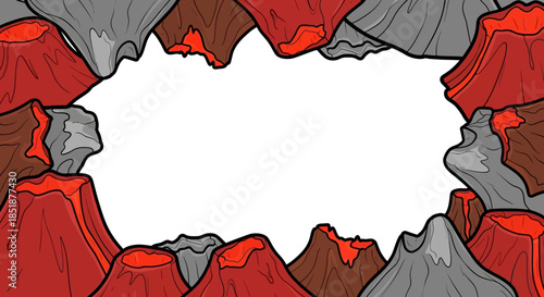 Volcanoes erupting with lava and ash forming a border around a white space.