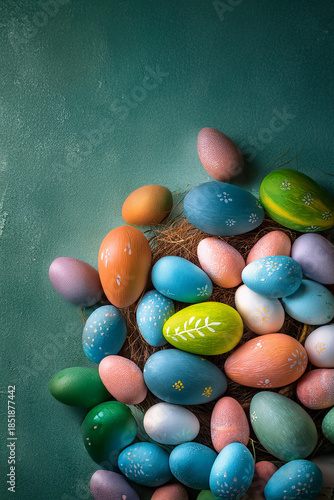 Painted multi coloured easter eggs on a nest with green background. Turquoise blue, pink, green, and orange hand painted designs.