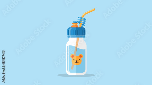 Cute kid's water bottle with a teddy bear and straw