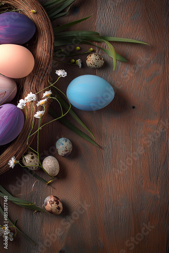 Painted multi coloured easter eggs on a grass nest with natural rustic wood background. Blue, cream, purple, and pink hand painted designs.