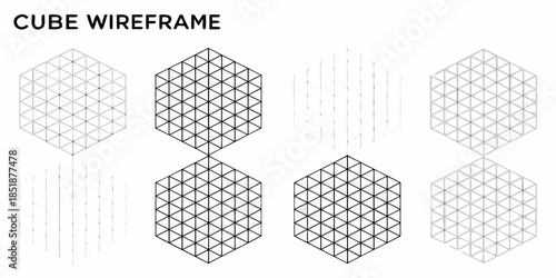 Isometric cube wireframe diagrams demonstrating three dimensional form and spatial representation