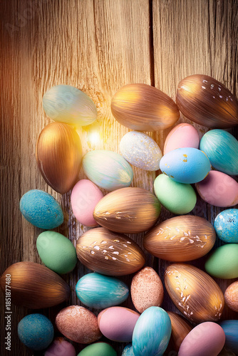 Handmade painted multi coloured easter eggs on a wooden background with sunlight.