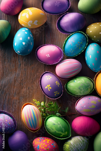 Handmade painted multi coloured easter eggs in wooden background with foliage.