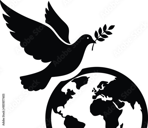 Flat design silhouette dove carrying olive branch above half globe viewed from low angle with bold contrast peace concept icon for environmental and social justice awareness