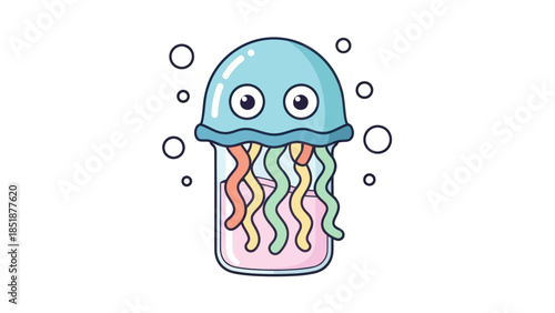 Cute cartoon jellyfish with colorful tentacles in a glass.