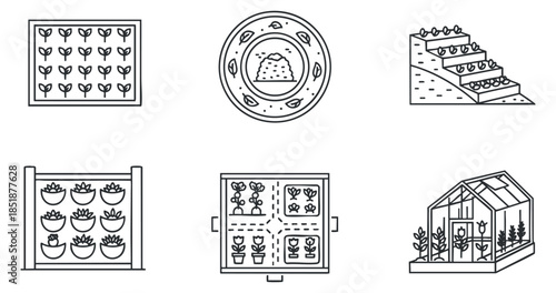 A collection of gardening and greenhouse illustrations in black and white linear style, ideal for nature and agriculture projects