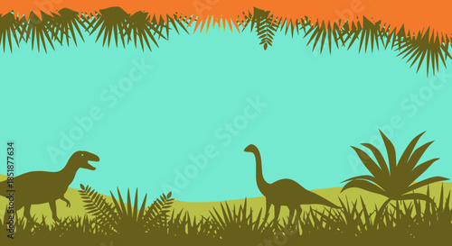 Silhouette of dinosaurs in a prehistoric jungle landscape with lush vegetation and a vibrant sky.