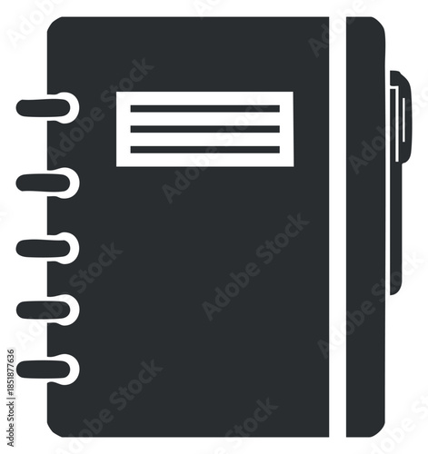 A black minimalist vector illustration of a closed notebook with a spiral binding and a pen, suitable for educational and office contexts