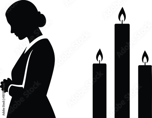 Silhouette minimalist vector of praying woman in profile with folded hands next to three burning candles tall and short religious contemplative scene black and white serene