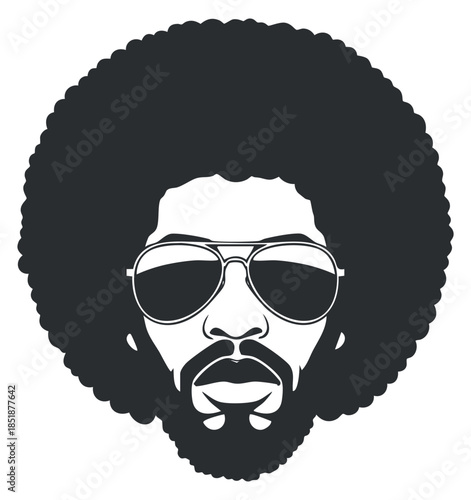 A stylish man with an afro hairstyle and sunglasses in a black and white vector illustration, perfect for retro-themed designs