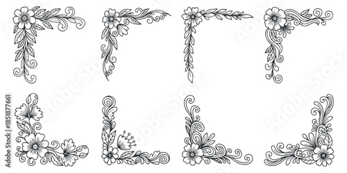 A collection of elegant floral corner ornaments in intricate black and white vector style, perfect for decorative designs and invitations